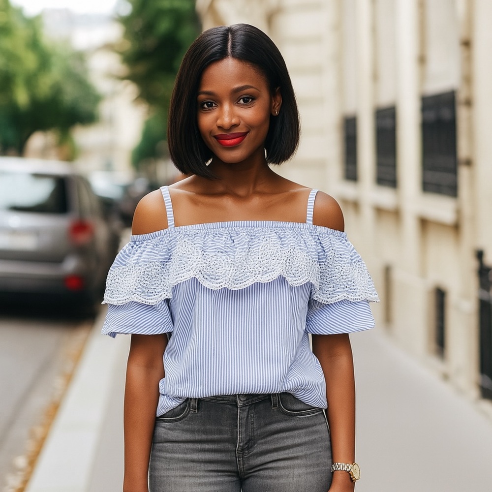 guess blue striped cold shoulder crop top June sale